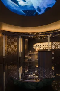 A modern spa interior featuring glass, stone, and metal elements.