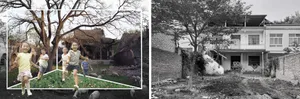 Traditional Beijing house with children playing in the yard, surrounded by brick walls and trees.