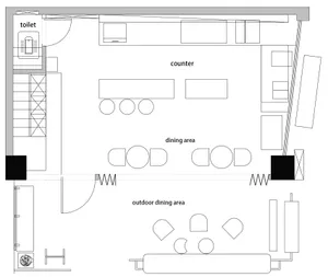 Floor plan of a commercial dining venue with areas for counter, indoor dining, and outdoor dining.