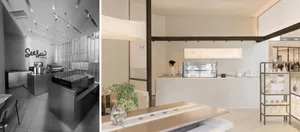 A modern, minimalist coffee shop interior with sleek lines and a neutral color palette.