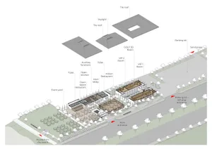 Floor plan of a modern restaurant with multiple dining areas, kitchens, and restrooms.
