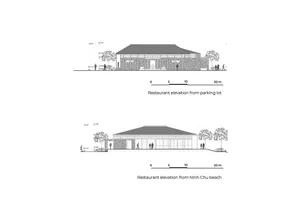 Blueprints showing an architectural elevation of a restaurant from parking lot and Ninh Chu beach perspectives.