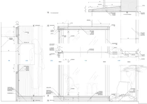 Detailed technical drawing of an indoor architectural design featuring glass, plywood, and metal elements.