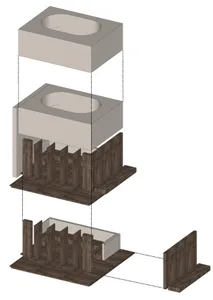 3D rendering of a modern bathroom with concrete walls and wooden accents.