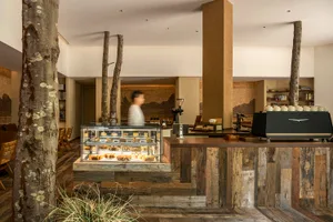 Modern industrial cafe interior with a wooden counter, trees, and a glass display case filled with baked goods.