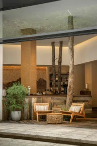 A modern restaurant bar with concrete walls, wooden furniture, and plants.