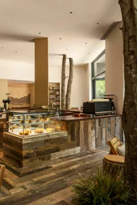 Interior view of a restaurant featuring a bar counter made of recycled wood.