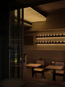 Modern cafeteria with wooden furniture and warm lighting