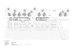 Black and white architectural drawing of the ground floor layout of a restaurant, showing various functional zones such as en