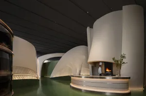 Circular white interior design features metallic surfaces and green flooring
