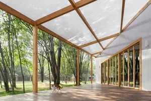 A wooden pavilion with glass walls and a transparent roof, featuring a cat walking on the deck.