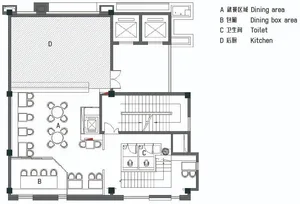 Floor plan of a modern commercial space with dining area, dining box area, toilet, and kitchen