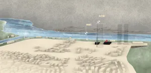 Detailed cityscape model with buildings and water body