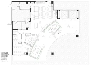 A detailed architectural floor plan of a restaurant with various seating arrangements and functional zones.