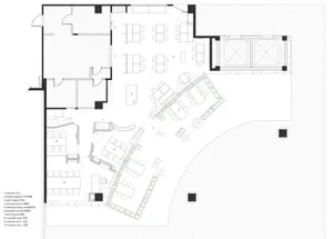 Simplified architectural drawing of a restaurant's interior layout, including sections for individual dining tables, receptio