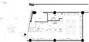 2D architectural drawing of a modern restaurant interior with mixed materials and contemporary design.
