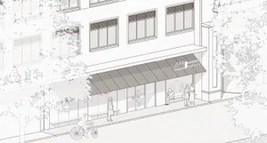 A black and white architectural drawing depicting a modern retail storefront with glass and concrete materials.