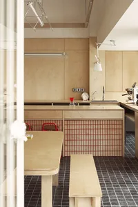 Modern minimalist kitchen with wood cabinets and countertops, featuring a red wire mesh divider and black and white checkered