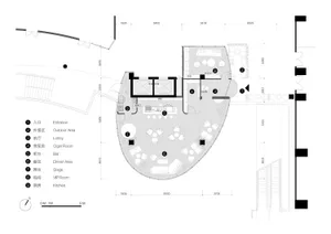 A detailed black and white office floor plan with labeled rooms and dimensions.