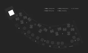 Floor plan of a restaurant featuring wooden seating arrangements