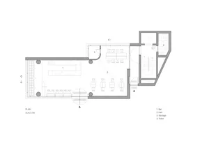 Floor plan of an industrial-style restaurant with concrete and metal finishes.