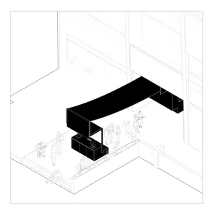 An isometric view of a modern coffee shop interior with a black metal counter and seating area.