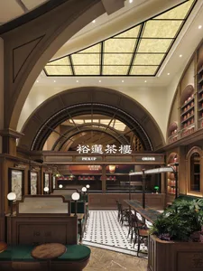 餐廳自助餐廳內部，展示木質家具、綠色植物與現代座椅配置。