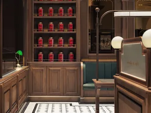 A retail shop with wooden shelves displaying products.