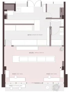 Floor plan of a retail space showing operational zones, bread display areas, and rest areas.