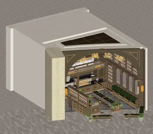 3D rendered image of a cafe interior with wood, glass, and metal materials.