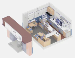 An isometric 3D rendering of a coffee shop's floor plan featuring a wooden counter.