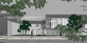An architectural rendering of a modern building extension featuring glass and metal materials.