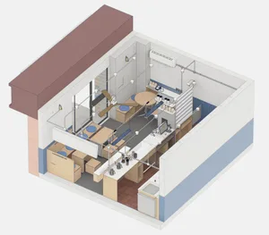 Detailed architectural floor plan of a restaurant featuring wood furniture, metal accents, and tiled flooring.