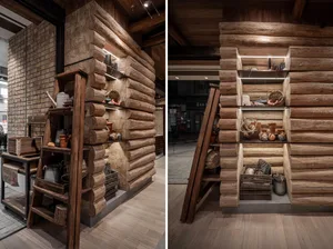 Industrial storefront with rustic log cabin elements, showcasing retail space design.