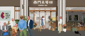 A bustling urban street scene with people, buildings, and street furniture.