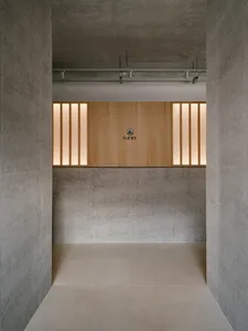 Modern interior space with concrete walls and wooden elements.
