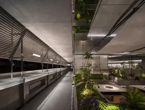 Industrial greenhouse interior with concrete and green plants.