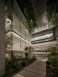 A minimalist commercial interior with concrete walls and lush greenery.