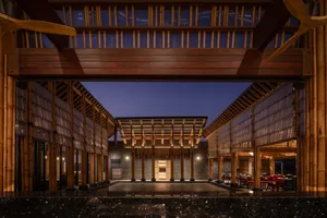 Modern restaurant interior designed with wooden materials.