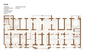 A detailed architectural layout of a restaurant with a neutral color scheme, showing sections such as entrance, beverage area