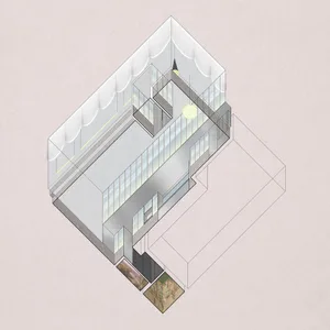 Isometric view of a modern interior design featuring glass and steel materials.