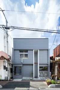 A minimalist house with a modern design featuring gray panel cladding.