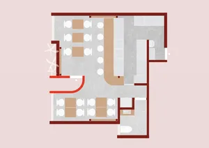 Top view of a restaurant floor plan featuring concrete flooring and seating areas.
