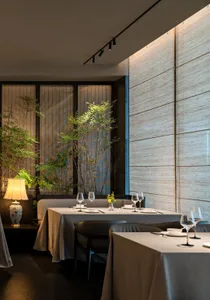 Modern dining room with textured wooden walls and plants.