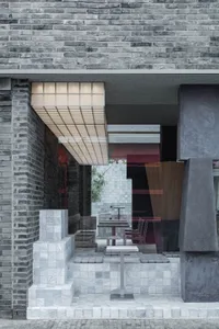 A modern restaurant interior featuring a marble countertop.