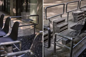 A metal ladder chair placed on top of a pile of concrete blocks outdoors.