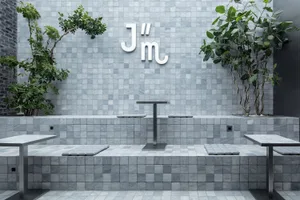 Minimalist spa interior with marble tiles and green plants