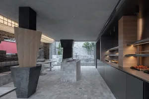 Modern shop interior design featuring terrazzo tile flooring and contemporary fixtures.