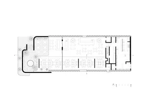 2D architectural drawing of a restaurant interior with steel frame, concrete, glass, and wood materials.