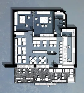 A black and white floor plan of an industrial-style restaurant with various seating arrangements.